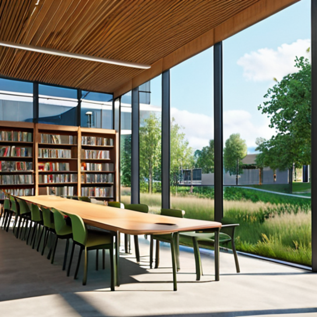 **Modern, sustainable public library exterior, bathed in natural light, featuring green spaces and accessible design.** (Focus: Sustainability, accessibility, natural light)