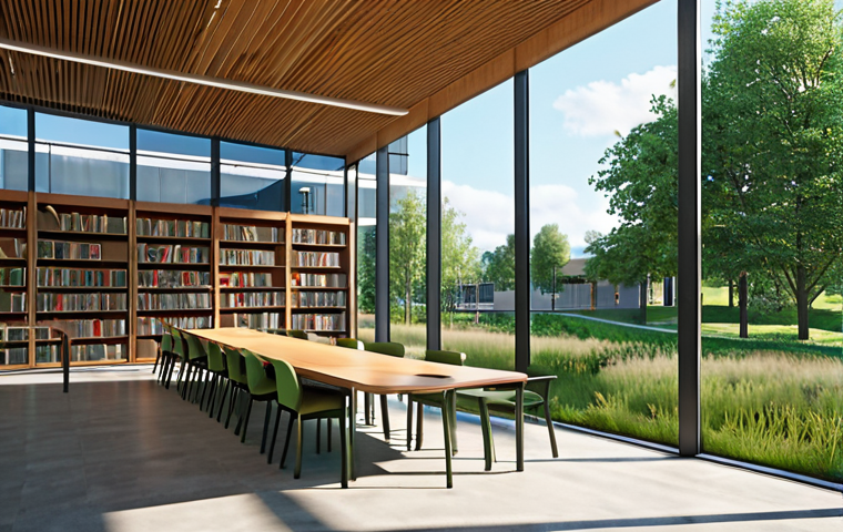 **Modern, sustainable public library exterior, bathed in natural light, featuring green spaces and accessible design.** (Focus: Sustainability, accessibility, natural light)