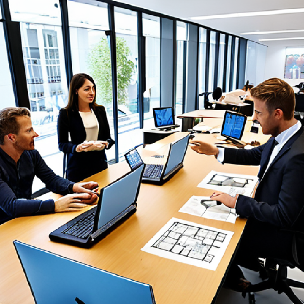 **

"A bright, modern architecture office bustling with activity. Architects are collaborating around a large table reviewing blueprints, some are working on computers with BIM software visible on the screens. The atmosphere is energetic and collaborative, emphasizing open communication. Natural light floods the space, and architectural models are displayed prominently. Depict a diverse team of professionals, some deep in discussion and others engaged in individual design work."

**