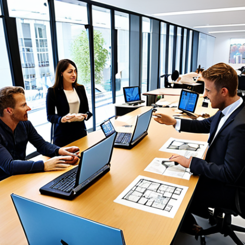 **

"A bright, modern architecture office bustling with activity. Architects are collaborating around a large table reviewing blueprints, some are working on computers with BIM software visible on the screens. The atmosphere is energetic and collaborative, emphasizing open communication. Natural light floods the space, and architectural models are displayed prominently. Depict a diverse team of professionals, some deep in discussion and others engaged in individual design work."

**