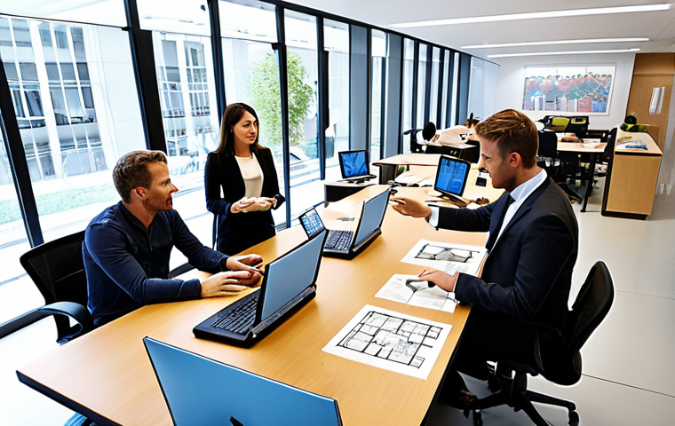 **

"A bright, modern architecture office bustling with activity. Architects are collaborating around a large table reviewing blueprints, some are working on computers with BIM software visible on the screens. The atmosphere is energetic and collaborative, emphasizing open communication. Natural light floods the space, and architectural models are displayed prominently. Depict a diverse team of professionals, some deep in discussion and others engaged in individual design work."

**