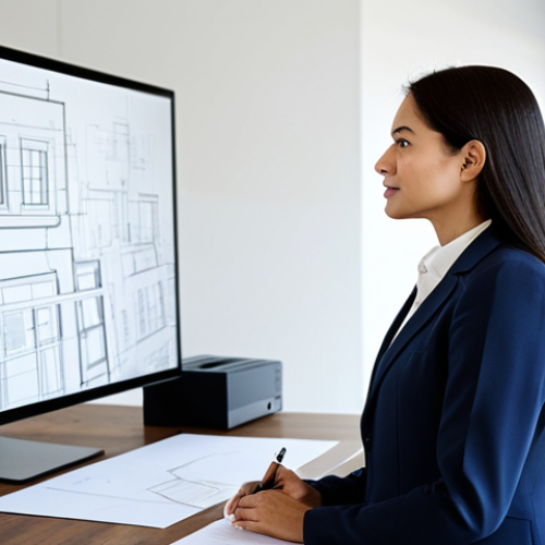 A professional female architect, fully clothed in a modest business suit, attentively listening to a client in a bright, modern architectural studio. The setting features a large desk with design sketches and a computer screen displaying a clear architectural plan. The atmosphere is collaborative and trusting, with a focus on active listening and understanding client needs. The architect has a natural pose and correct proportions, with well-formed hands. This image is safe for work, appropriate content, and family-friendly, rendered with professional photography quality and perfect anatomy.