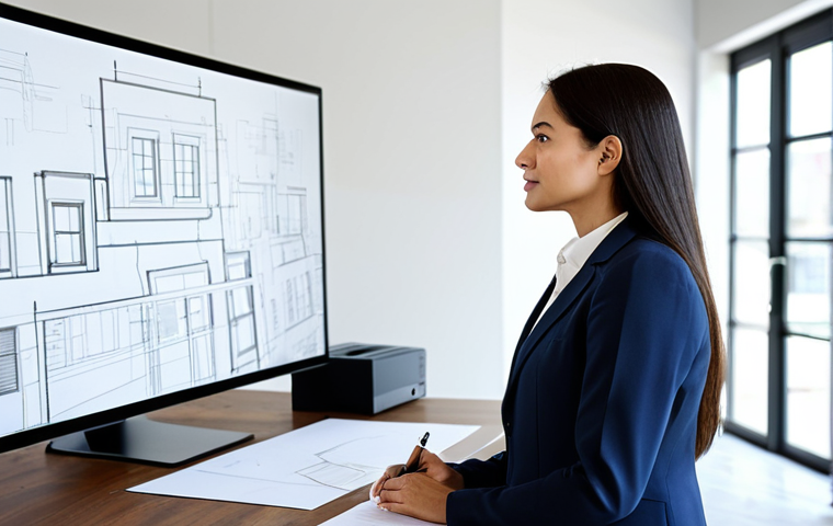 A professional female architect, fully clothed in a modest business suit, attentively listening to a client in a bright, modern architectural studio. The setting features a large desk with design sketches and a computer screen displaying a clear architectural plan. The atmosphere is collaborative and trusting, with a focus on active listening and understanding client needs. The architect has a natural pose and correct proportions, with well-formed hands. This image is safe for work, appropriate content, and family-friendly, rendered with professional photography quality and perfect anatomy.