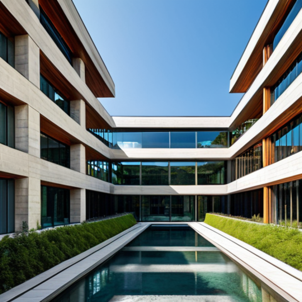 A contemporary architectural masterpiece, showcasing a perfect balance of aesthetics and functionality, featuring elegant lines, harmonious proportions, and an intelligent interplay of natural light and shadow. The building incorporates high-quality sustainable materials like natural stone, glass, and wood, with seamlessly integrated smart technology visible through subtle design elements. The structure stands in a verdant urban environment, reflecting a commitment to operational sustainability and intuitive human flow. Professional architectural photography, high-resolution, sharp focus, natural colors, professional, modest, safe for work, appropriate content, fully clothed, perfect anatomy, correct proportions.