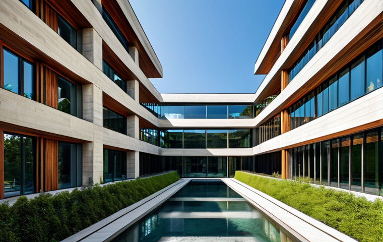 A contemporary architectural masterpiece, showcasing a perfect balance of aesthetics and functionality, featuring elegant lines, harmonious proportions, and an intelligent interplay of natural light and shadow. The building incorporates high-quality sustainable materials like natural stone, glass, and wood, with seamlessly integrated smart technology visible through subtle design elements. The structure stands in a verdant urban environment, reflecting a commitment to operational sustainability and intuitive human flow. Professional architectural photography, high-resolution, sharp focus, natural colors, professional, modest, safe for work, appropriate content, fully clothed, perfect anatomy, correct proportions.