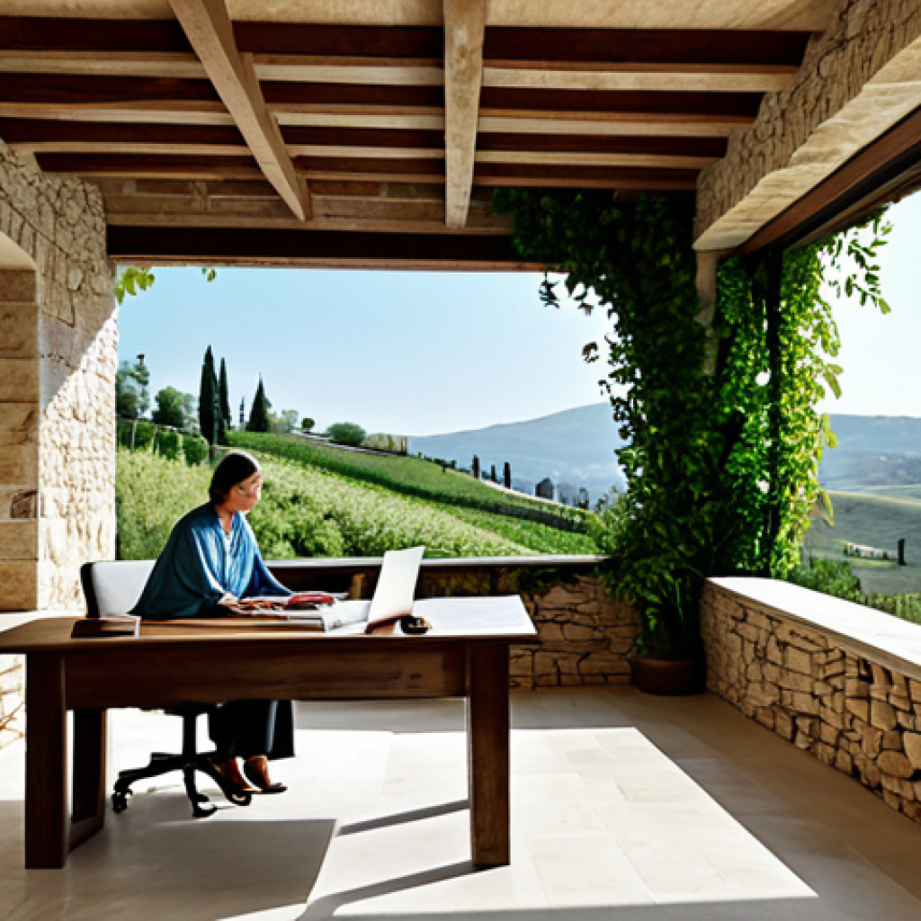 **

"A modern Tuscan-style villa, seamlessly integrated into the rolling hills, featuring large windows showcasing natural light, stone walls, and a wooden pergola covered in climbing vines. Inside, a woman in appropriate attire works at a desk with a view of the landscape. The image highlights natural materials and harmonious design. Perfect anatomy, correct proportions, natural pose, well-formed hands, proper finger count, natural body proportions. Safe for work, appropriate content, fully clothed, professional, modest, family-friendly, high-quality rendering."

**