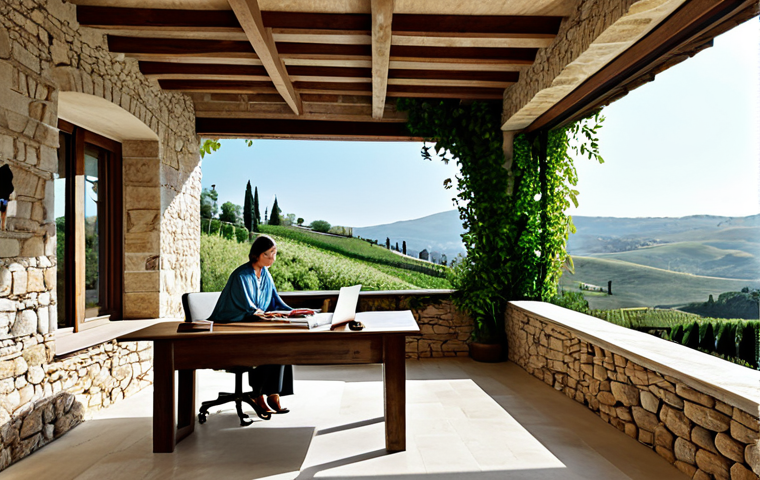 **

"A modern Tuscan-style villa, seamlessly integrated into the rolling hills, featuring large windows showcasing natural light, stone walls, and a wooden pergola covered in climbing vines. Inside, a woman in appropriate attire works at a desk with a view of the landscape. The image highlights natural materials and harmonious design. Perfect anatomy, correct proportions, natural pose, well-formed hands, proper finger count, natural body proportions. Safe for work, appropriate content, fully clothed, professional, modest, family-friendly, high-quality rendering."

**