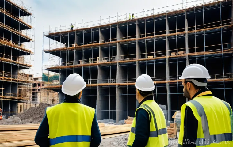 건축가가 경험한 실패 사례 공유 - **Prompt:** A dynamic, wide-angle shot of a bustling Italian construction site during daytime. Sever...