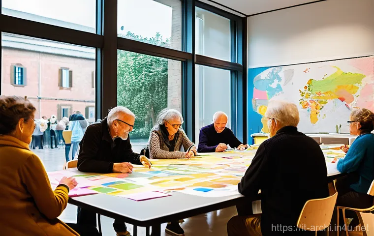 건축 프로젝트와 커뮤니티 참여 - **A Participatory Design Workshop in an Italian Community Center:**
    "A lively indoor scene depic...