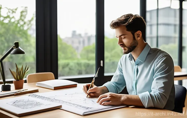 건축 실기 시험에서 평가 기준 분석 - **Prompt 1: Visionary Architect's Workspace**
    A young, diverse architect (male or female), fully...