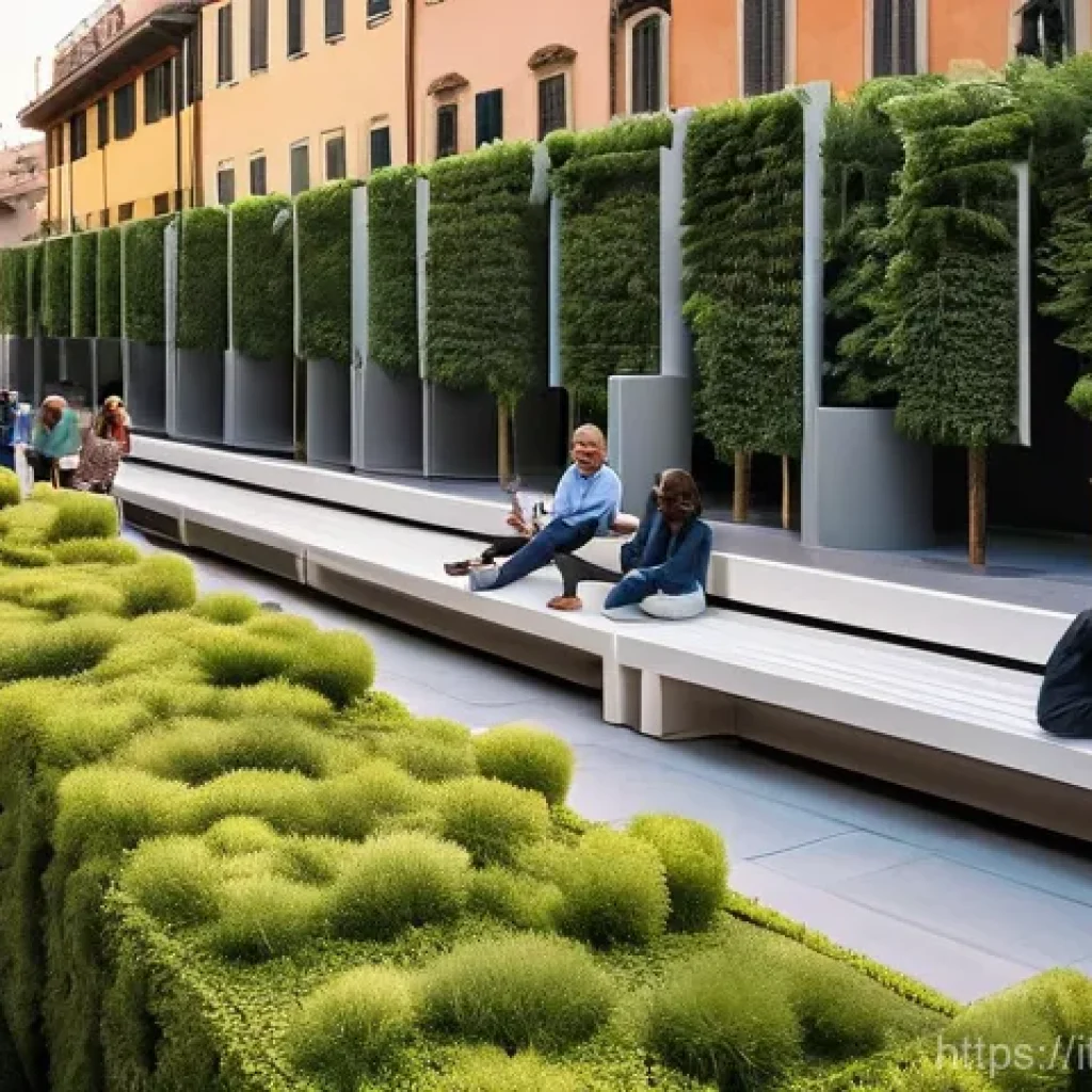 건축 설계와 공공 디자인 - **Prompt:** A bustling, beautifully regenerated public square in a historic Italian city like Milan ...