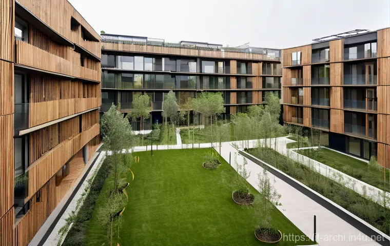 건축 설계에서의 윤리적 문제 해결 사례 - **Sustainable Community Living in Milan's Periphery**
    An aerial, eye-level view of a contemporar...