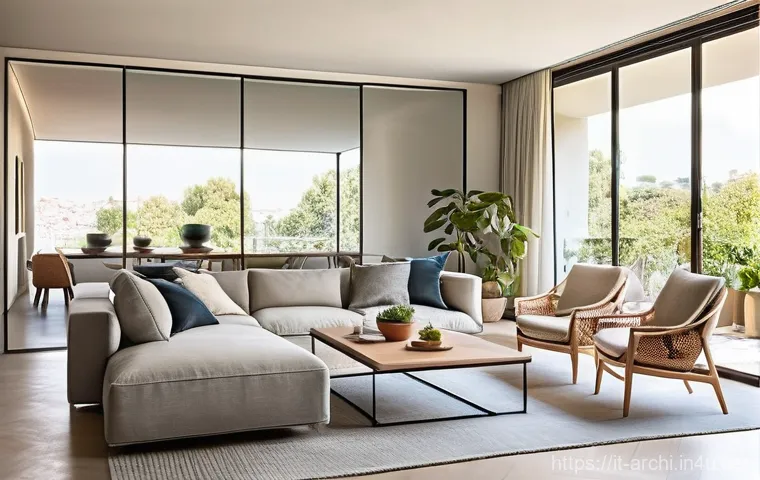 건축가가 추천하는 인테리어 디자인 팁 - **A Serene Open-Plan Italian Living Space with Abundant Natural Light:**
    A spacious, bright, and...