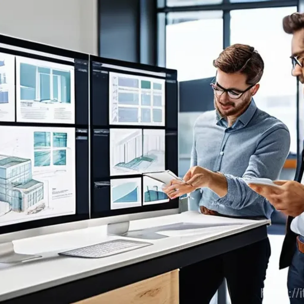 건축 프로젝트의 관리 도구와 시스템 비교 - **Prompt:** A dynamic and modern architectural studio bustling with activity. A diverse team of five...