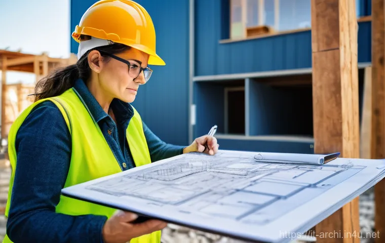 건축가의 현장 경험 사례 - **Prompt:** A skilled female architect, wearing a professional but practical outfit including a safe...