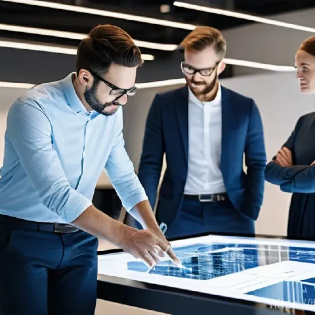 건축 프로젝트 커뮤니케이션 도구 - **Prompt 1: Collaborative BIM in a Modern Architectural Studio**
    A group of diverse architects a...