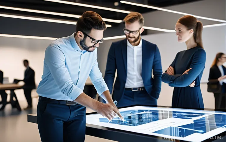 건축 프로젝트 커뮤니케이션 도구 - **Prompt 1: Collaborative BIM in a Modern Architectural Studio**
    A group of diverse architects a...