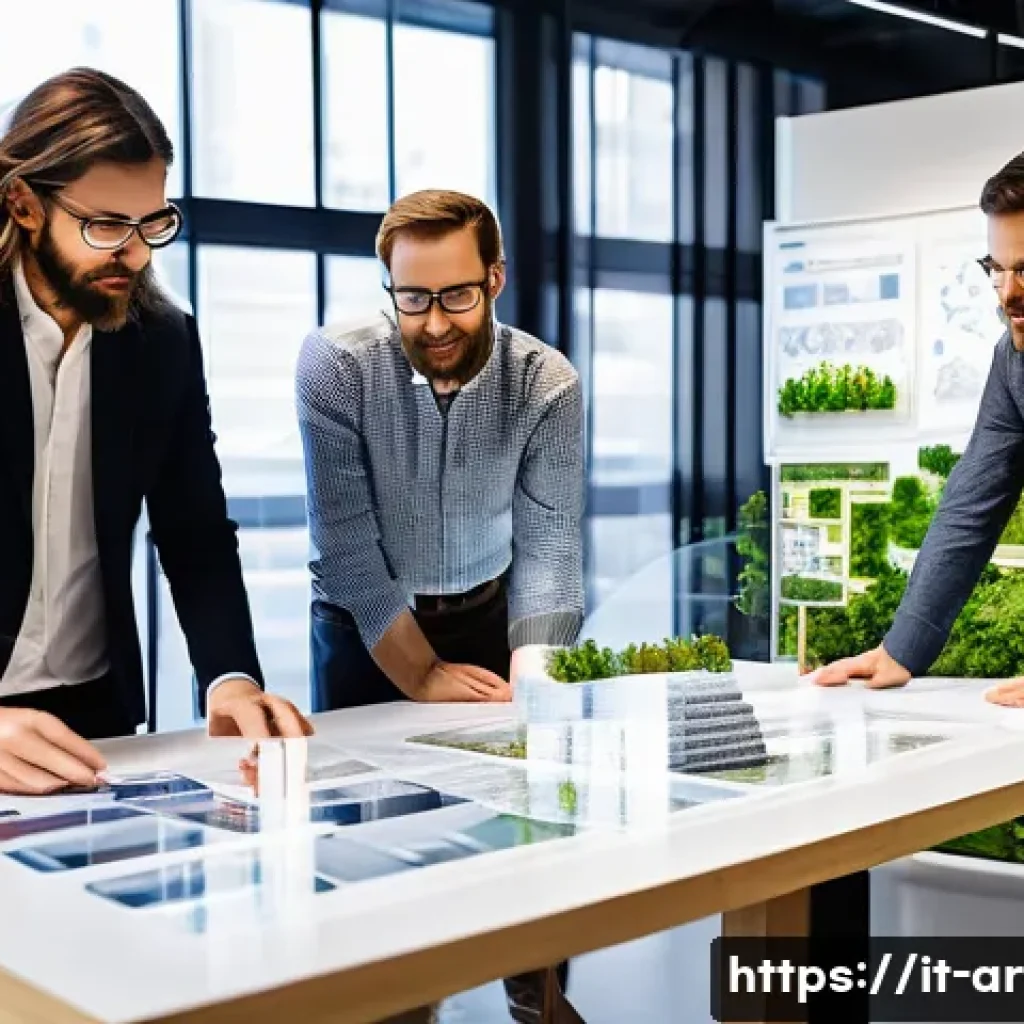 건축 설계에서 창의적 리더십 발휘하기 - **Prompt 1: Visionary Architectural Collaboration for a Sustainable Future**
    "A diverse team of ...