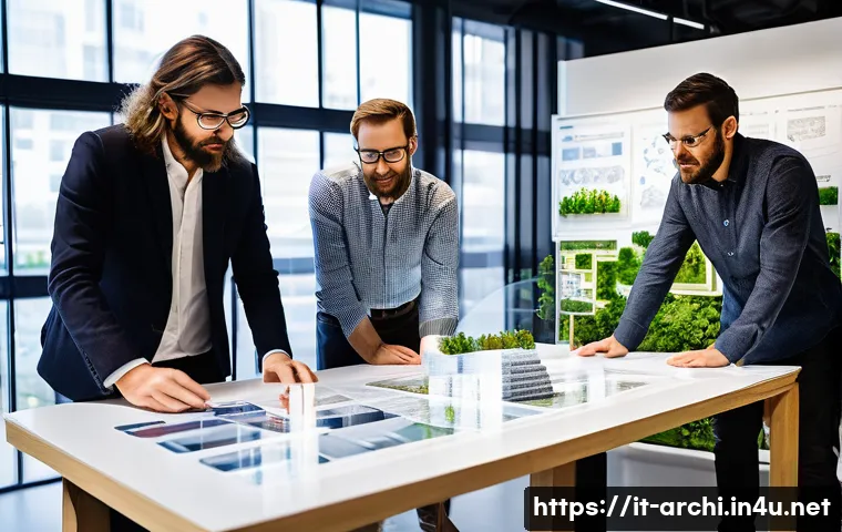 건축 설계에서 창의적 리더십 발휘하기 - **Prompt 1: Visionary Architectural Collaboration for a Sustainable Future**
    "A diverse team of ...