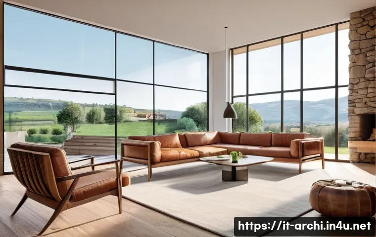 건축 설계와 조명 디자인의 중요성 - A modern Italian living room bathed in warm natural sunlight streaming through large floor-to-ceilin...