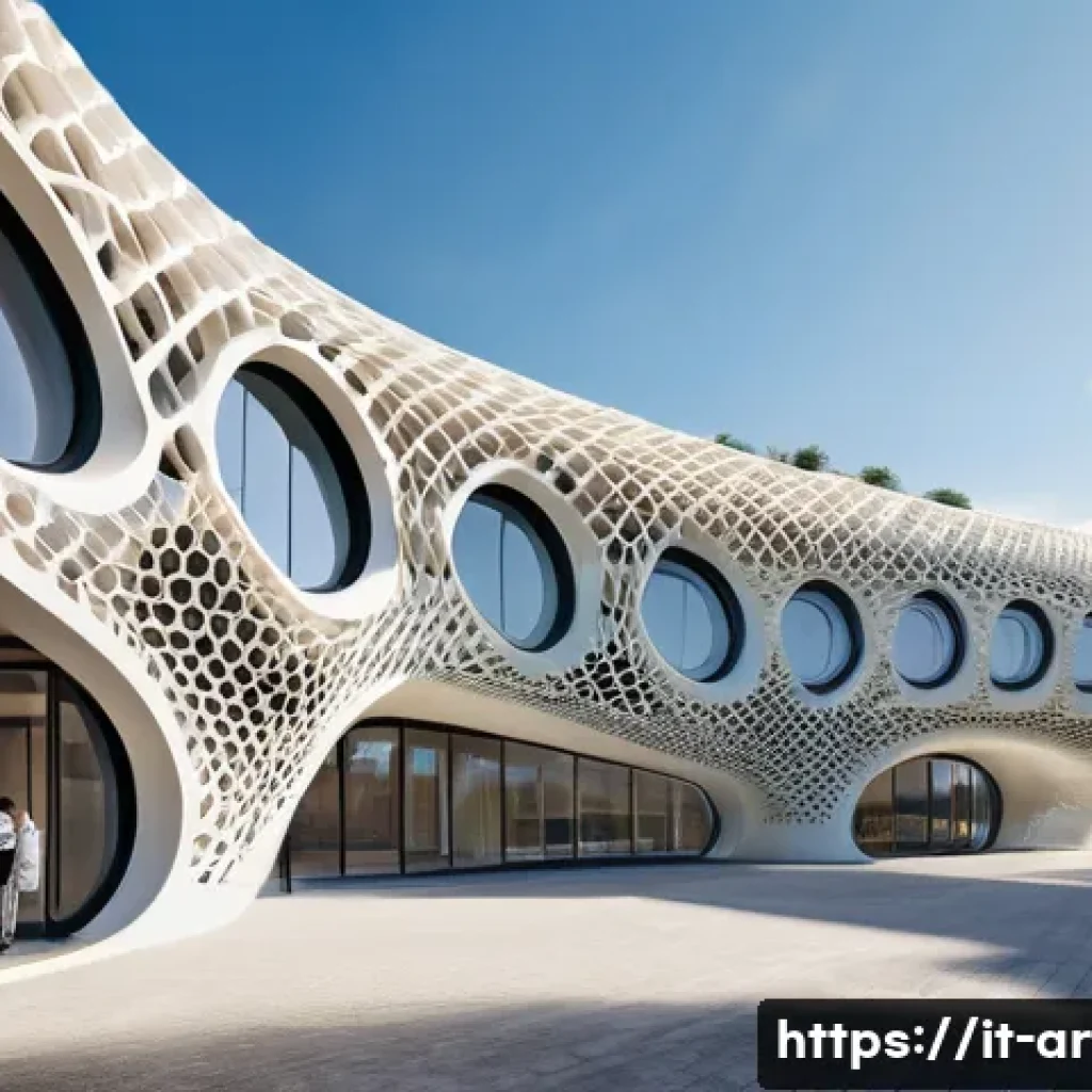 건축 설계에서 3D 프린팅 활용 - A futuristic architectural building featuring complex, fluid geometric shapes and intricate sculptur...