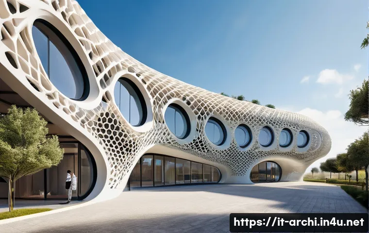 건축 설계에서 3D 프린팅 활용 - A futuristic architectural building featuring complex, fluid geometric shapes and intricate sculptur...