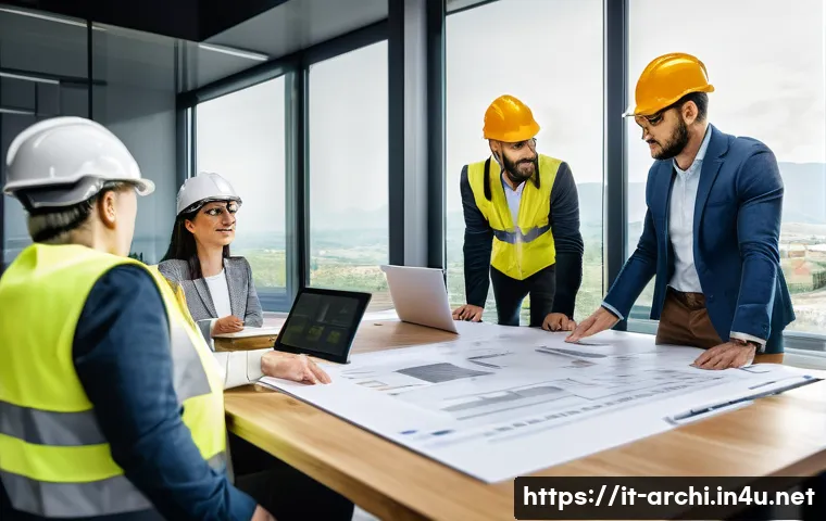 건축 프로젝트 시간 관리 방법 - A detailed construction site planning meeting scene in Italy, featuring a diverse team of engineers ...