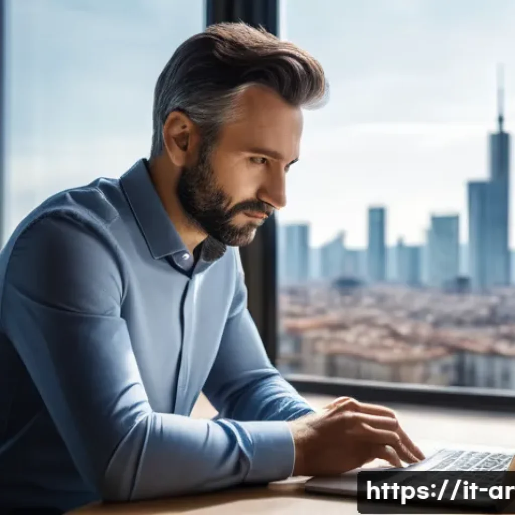 건축가의 연봉 협상 전략 - A professional Italian architect in a modern Milan office, dressed in smart casual attire with visib...