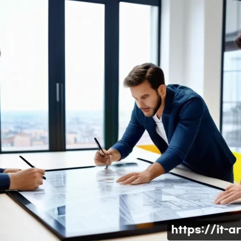 건축 실기 시험의 최신 경향 분석 - A modern architectural design studio scene showing a diverse team of young Italian architects collab...