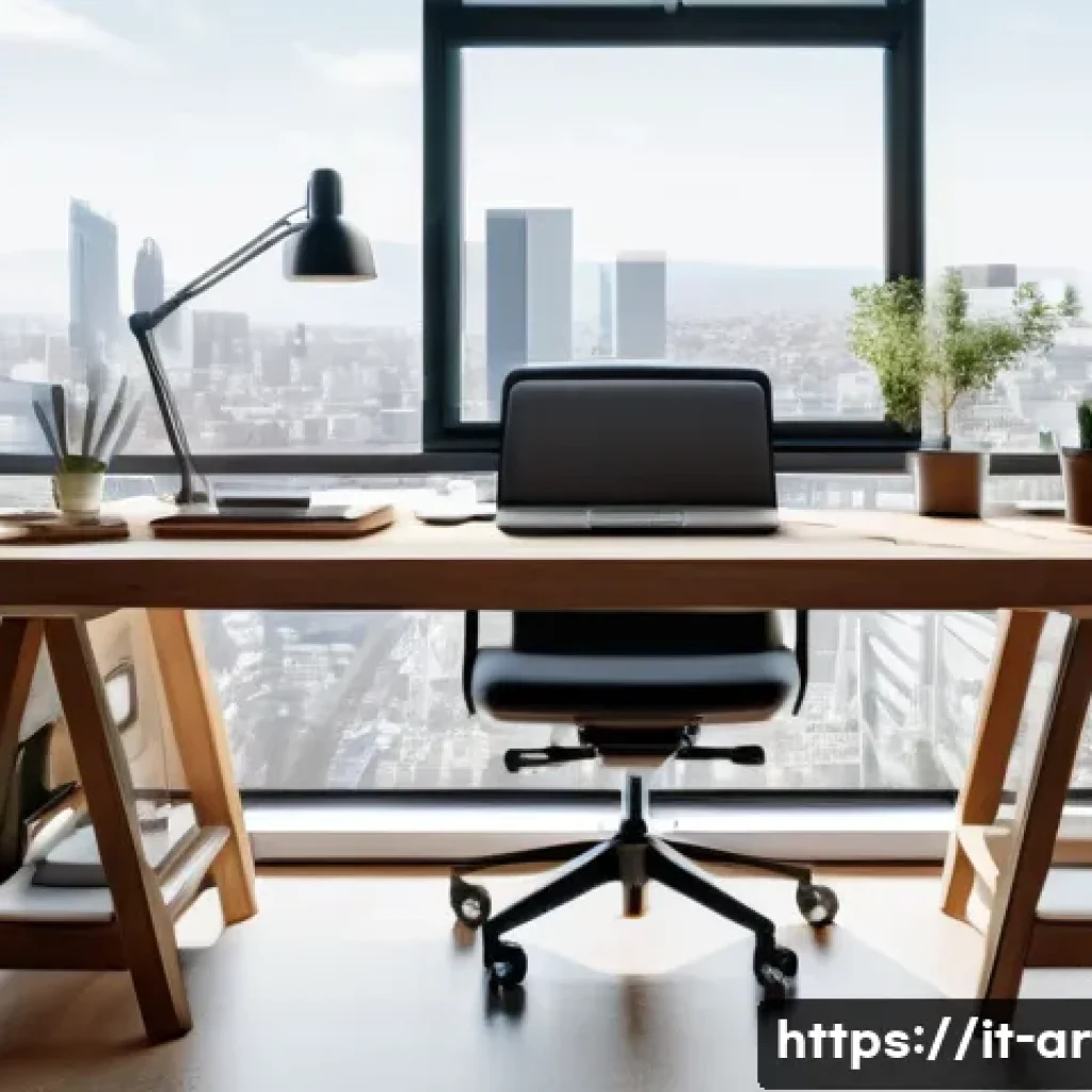 건축가의 스트레스 관리 팁 - A modern architect’s well-organized workspace bathed in natural light, featuring a clean wooden desk...