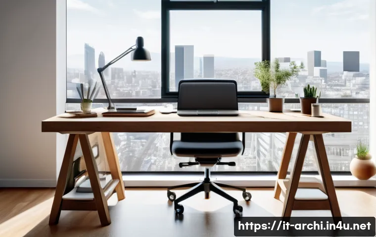 건축가의 스트레스 관리 팁 - A modern architect’s well-organized workspace bathed in natural light, featuring a clean wooden desk...