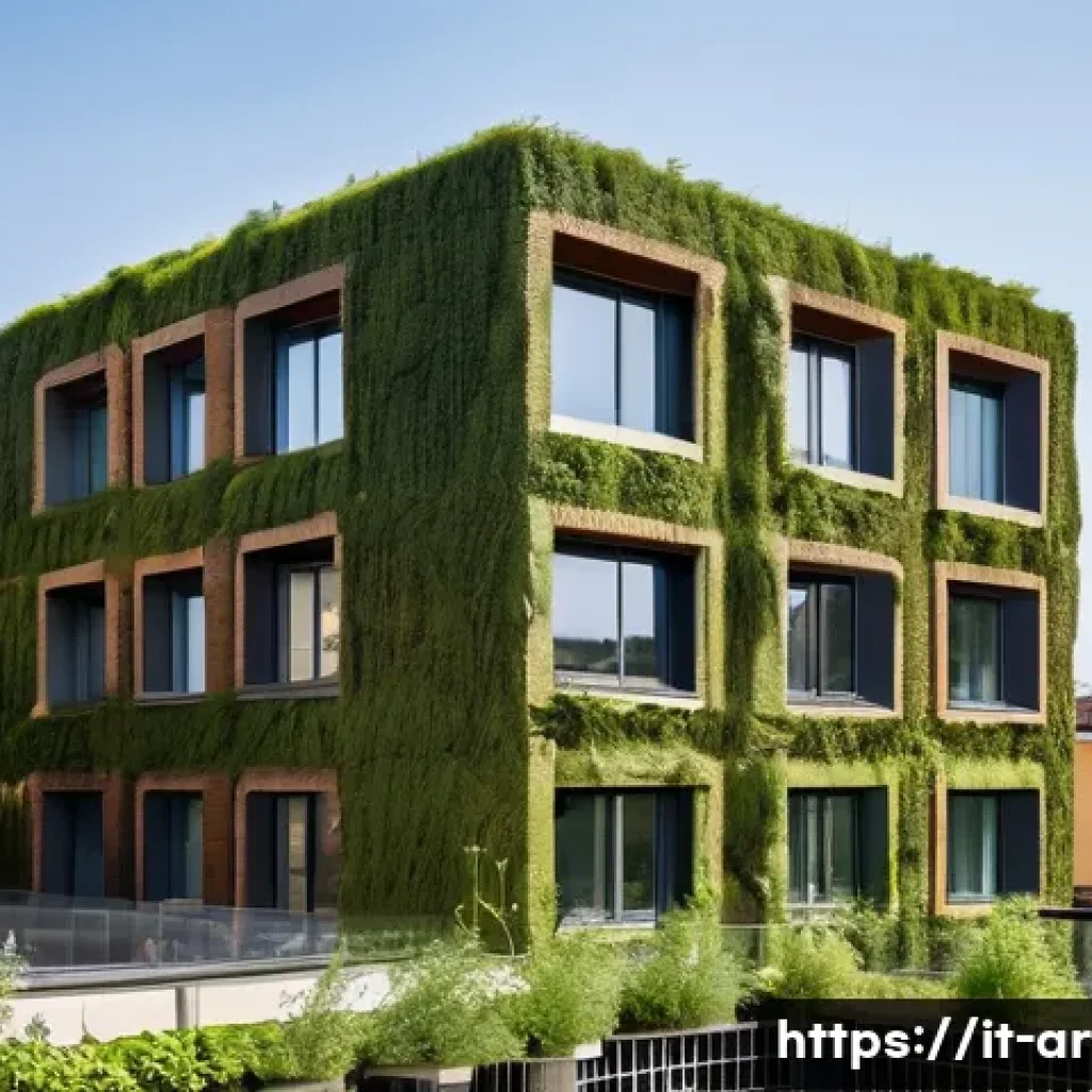 건축 설계의 미래 트렌드 전망 - A modern residential building in Milan showcasing sustainable architecture, constructed with raw cla...