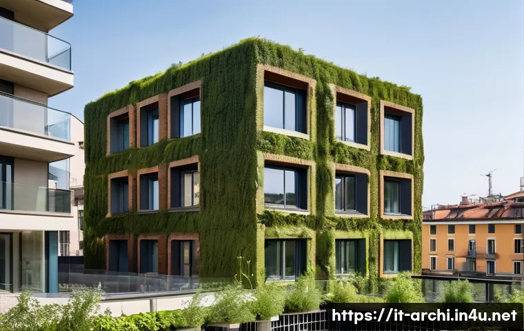 건축 설계의 미래 트렌드 전망 - A modern residential building in Milan showcasing sustainable architecture, constructed with raw cla...