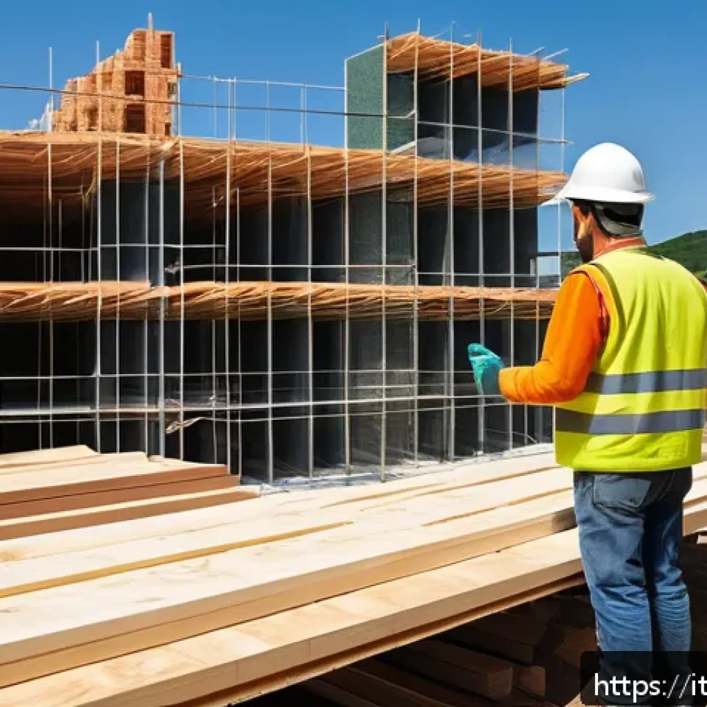 건축 실무에서 요구되는 창의적 문제 해결 사례 - A modern sustainable construction site in Italy showcasing laminated timber beams and natural insula...