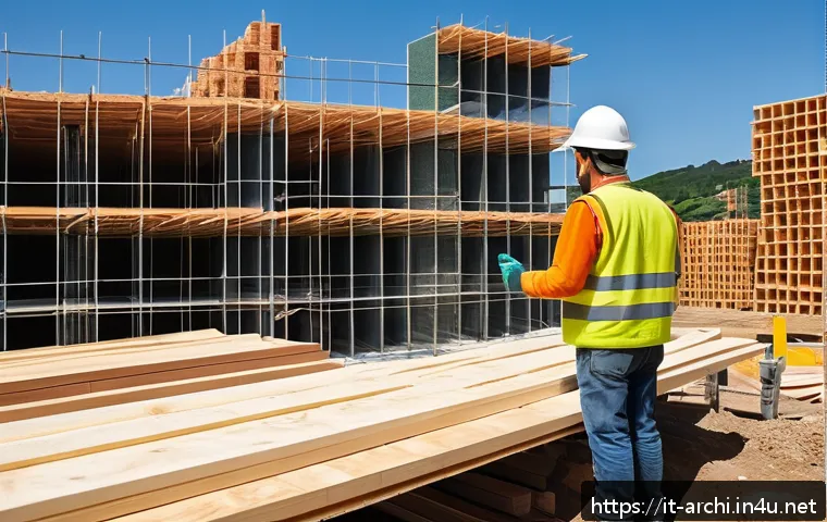 건축 실무에서 요구되는 창의적 문제 해결 사례 - A modern sustainable construction site in Italy showcasing laminated timber beams and natural insula...