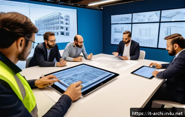 건축 실무에서 필요한 소통 기술 - A detailed construction site meeting scene in Italy showing architects and engineers collaborating a...