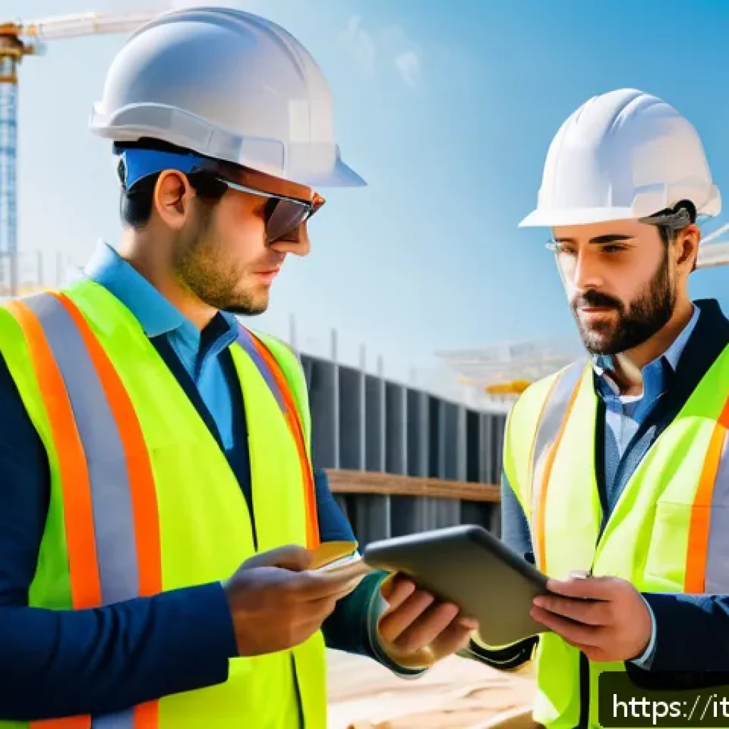 건축 설계와 시공의 간극 줄이기 - A professional construction site scene featuring an architect and site manager engaged in a detailed...