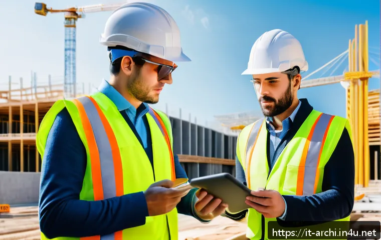 건축 설계와 시공의 간극 줄이기 - A professional construction site scene featuring an architect and site manager engaged in a detailed...