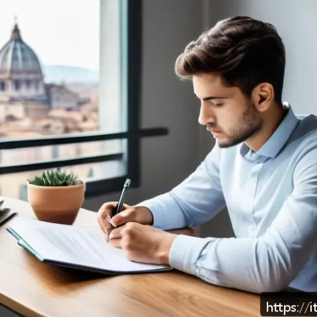 건축사 자격시험 합격 비법 - A focused young adult Italian student sitting at a modern, tidy study desk in a bright room with lar...