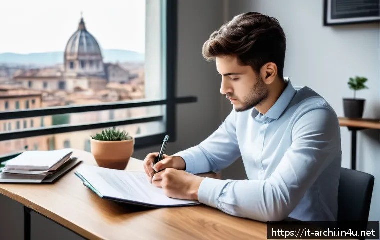 건축사 자격시험 합격 비법 - A focused young adult Italian student sitting at a modern, tidy study desk in a bright room with lar...