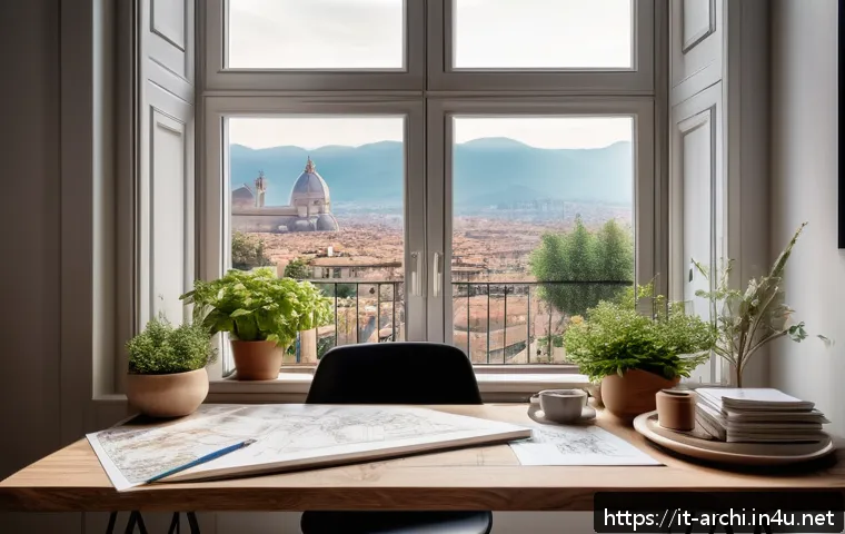 건축가의 하루 일과 공유 - A creative architect’s morning workspace featuring a wooden desk scattered with hand-drawn sketches ...