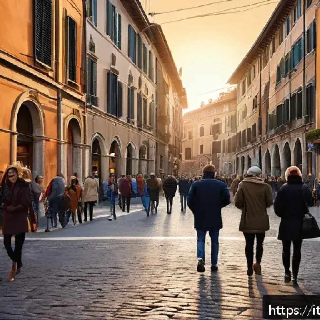 건축 실무에서 요구되는 창의적 사고 기법 - A bustling historic Italian urban street scene at golden hour, showing pedestrians interacting with ...