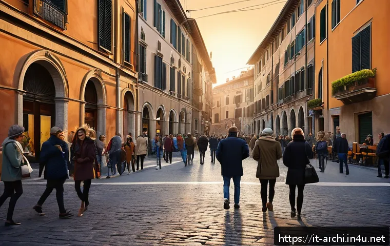 건축 실무에서 요구되는 창의적 사고 기법 - A bustling historic Italian urban street scene at golden hour, showing pedestrians interacting with ...