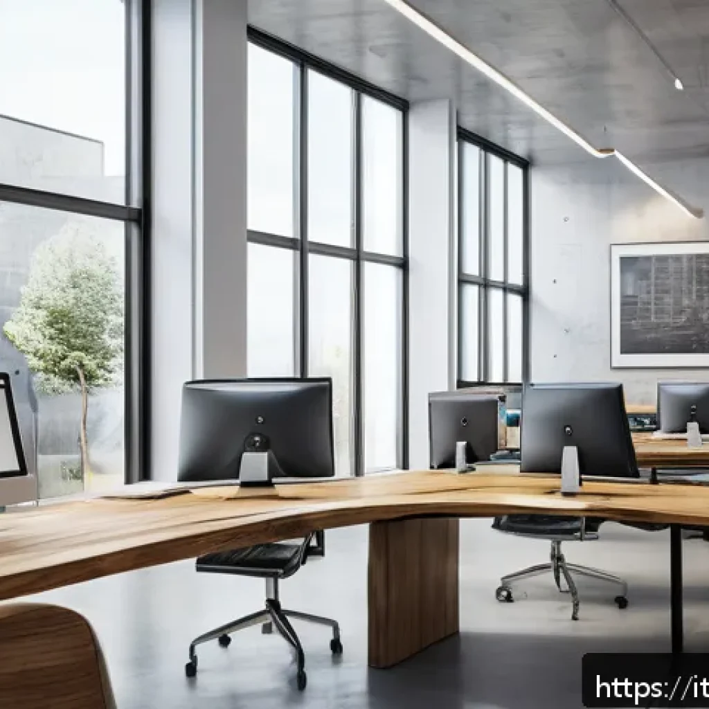 건축 설계와 3D 모델링 활용법 - A modern architectural design studio interior with large windows flooding natural light onto sleek d...