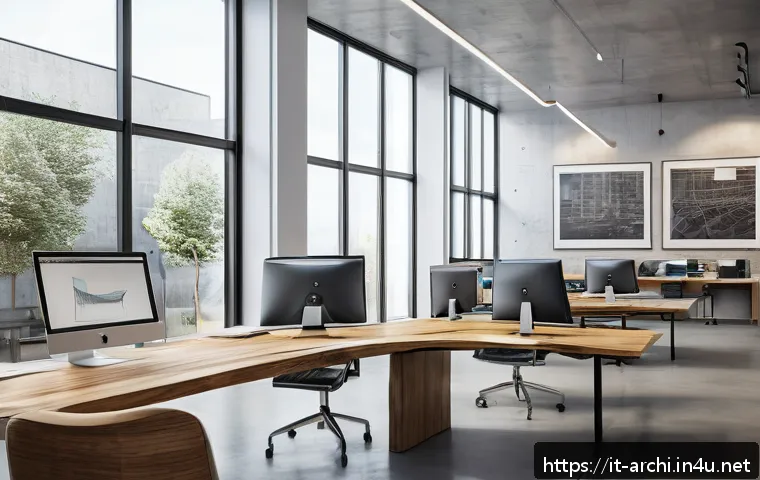 건축 설계와 3D 모델링 활용법 - A modern architectural design studio interior with large windows flooding natural light onto sleek d...