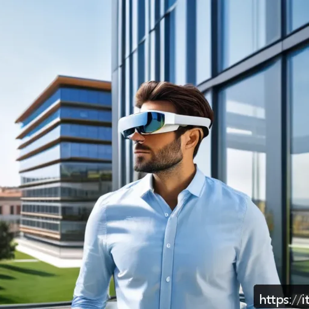 건축가가 알아야 할 신기술 동향 - A modern architectural office scene showcasing an architect wearing smart casual attire using augmen...