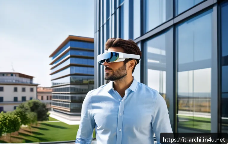 건축가가 알아야 할 신기술 동향 - A modern architectural office scene showcasing an architect wearing smart casual attire using augmen...