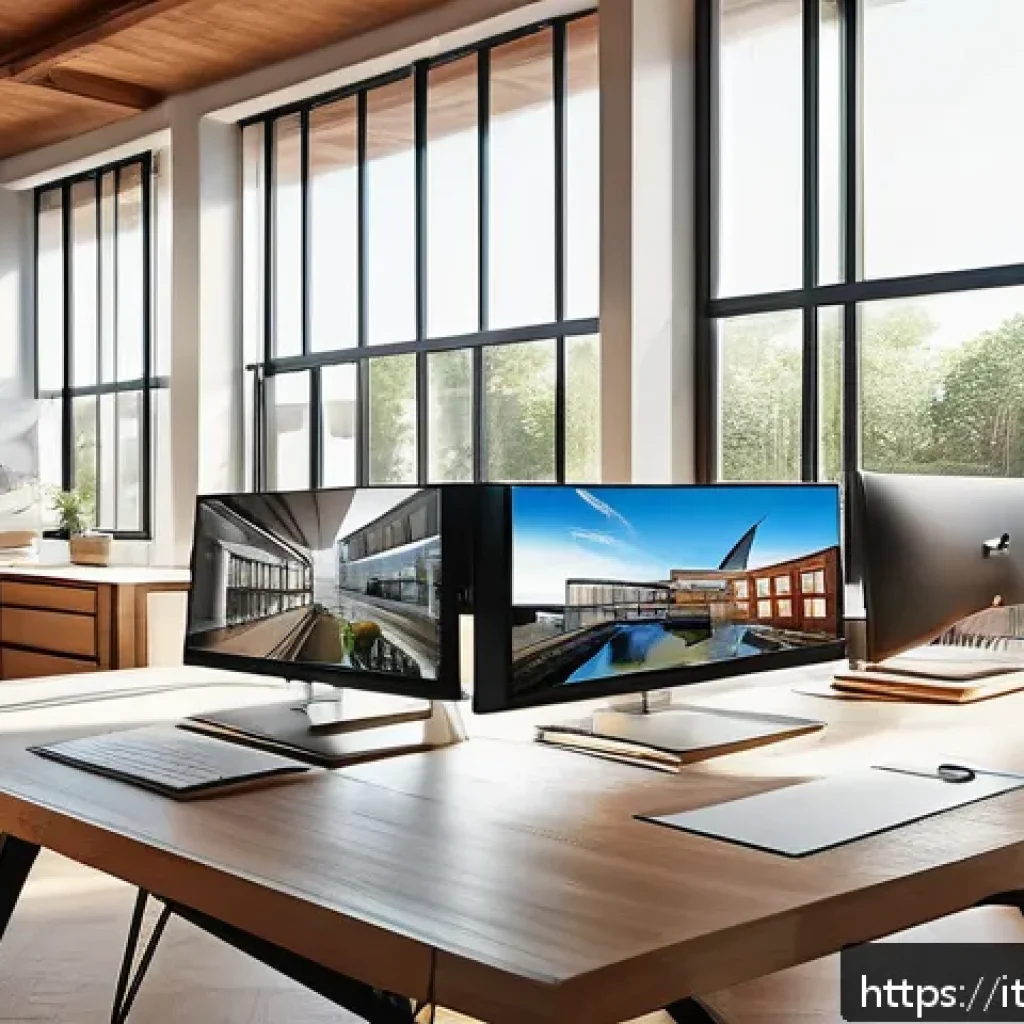 건축 프로젝트 사례로 배우는 실무 - A modern architectural design studio scene showcasing advanced 3D modeling software on multiple larg...
