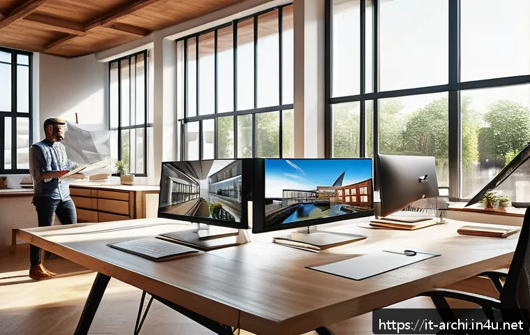 건축 프로젝트 사례로 배우는 실무 - A modern architectural design studio scene showcasing advanced 3D modeling software on multiple larg...