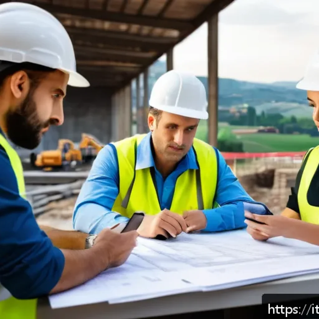 건축 실무에서 협상 전략 배우기 - A detailed construction site negotiation scene set in Italy, featuring a diverse group of profession...